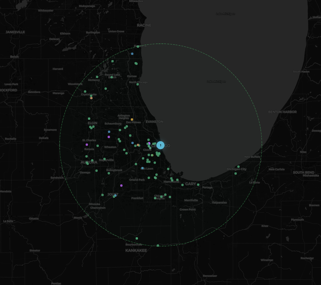 Chicago area vendor density map showing dozens of qualified pallet vendors