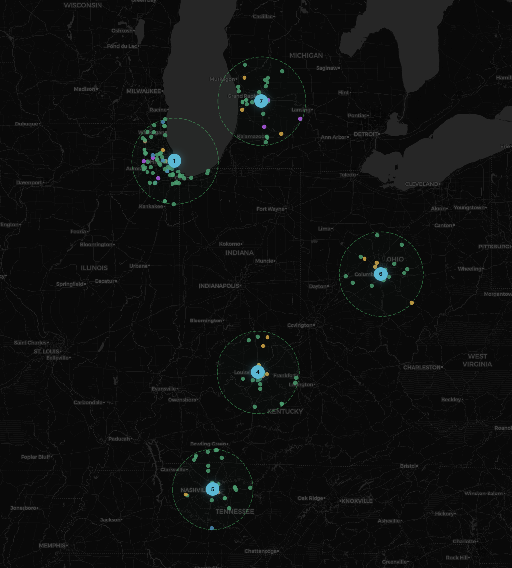 Multi-site vendor density map showing qualified pallet vendors across multiple facility regions
